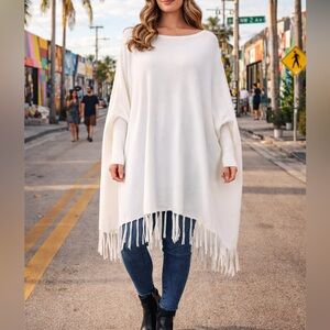 Made In Italy Plus Size Women Crew Neck Chunky Knitted Poncho